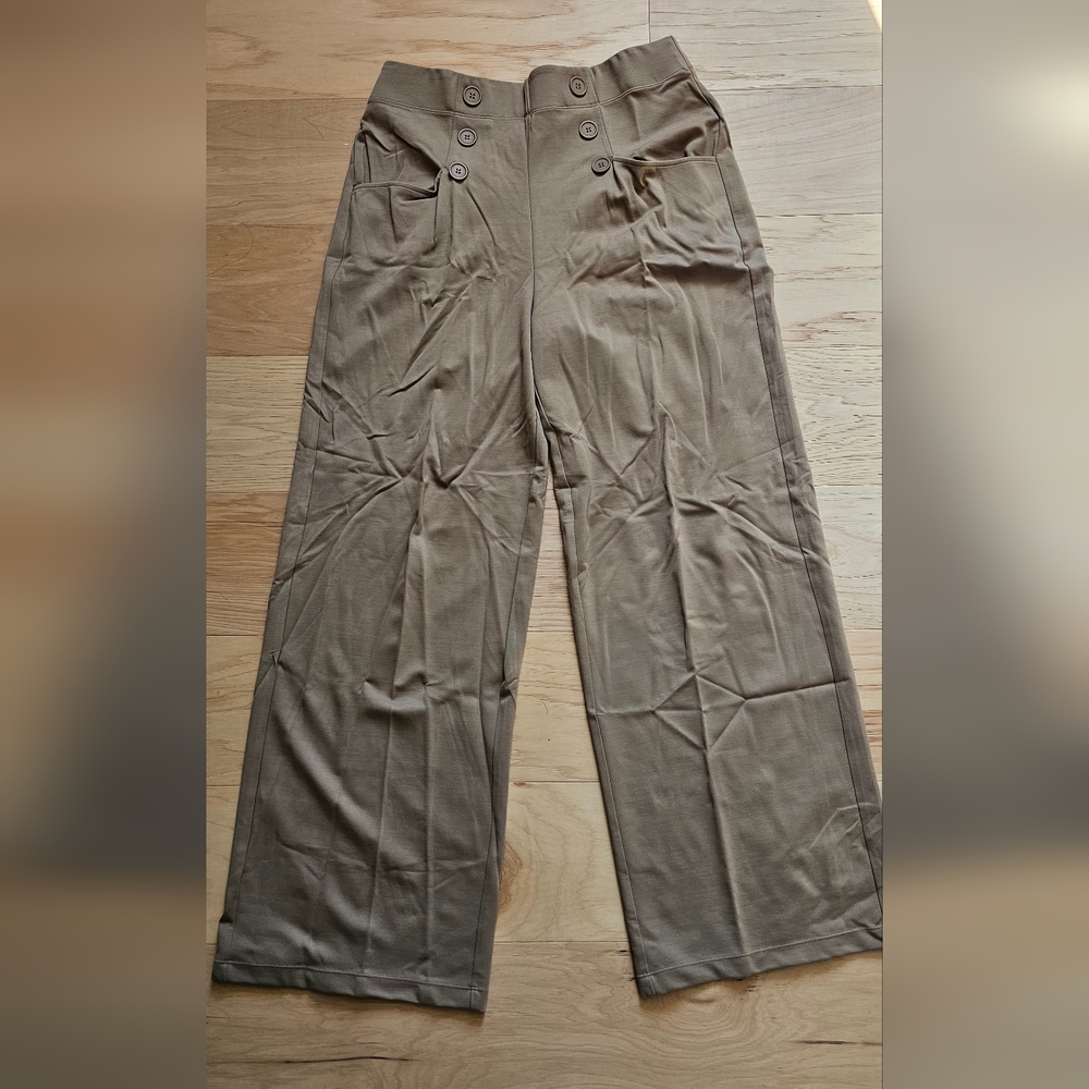 💼 Max Studio London Tan Wide Leg Business Pants - Button Detail - Size L 💼